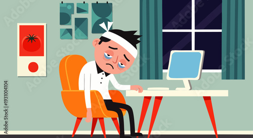 Tired and sad cartoon man with a head bandage, sitting in an office chair next to a computer, illustrating work-related stress, burnout, or illness.
