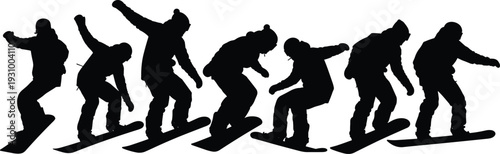 Snowboarder Silhouettes Collection Showing Jump and Trick Sequence, Winter Sports Action Figures Isolated on White Background for Extreme Activity Design