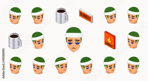 Isometric vector set of a man experiencing burnout and fatigue. Features tired expressions, coffee, and 'burnout' signs, symbolizing workplace stress.