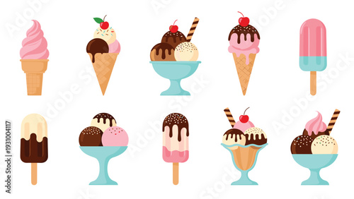 Assortment of delicious ice cream treats including cones, bowls, and popsicles with various flavors and toppings.