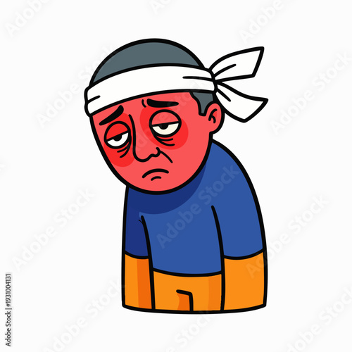 Cartoon illustration of a sick man with a red flushed face and a head bandage, depicting fever, headache, and general unwellness, feeling tired and suffering from illness or injury.