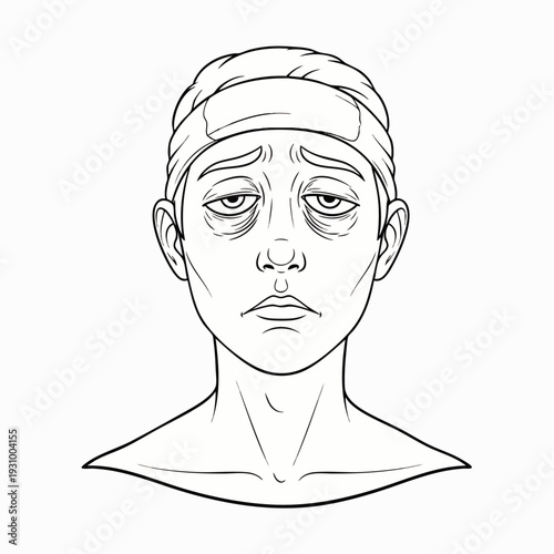 Line art illustration of a person with dark circles under their eyes, looking tired and unwell, possibly suffering from fatigue, headache, or illness. Depicts exhaustion and sickness.