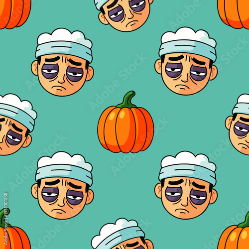 Seamless pattern of a tired man with dark circles, head bandage, and orange pumpkins on a teal background for Halloween and autumn.