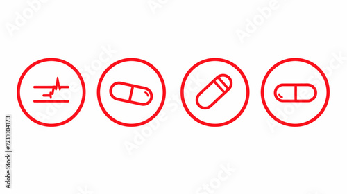 Four red, circular medical icons on a white background, representing health and medication