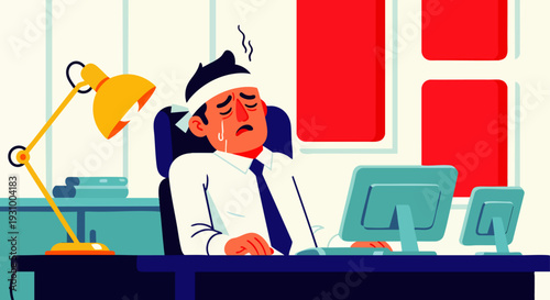 Tired businessman with a headache feeling unwell and stressed at his office desk, depicting employee burnout, overwork, and mental health challenges in the workplace.