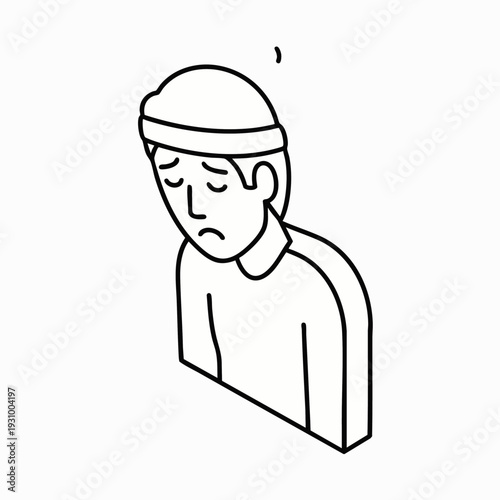 Simple line drawing of a man with a beanie looking down, symbolizing sadness, depression, loneliness, and mental health issues.