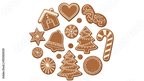 Circle arrangement of assorted gingerbread cookies shaped like houses, stars, bells, trees, and hearts for christmas.