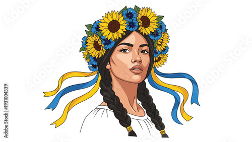 Portrait of a beautiful woman wearing a traditional ukrainian flower crown with yellow sunflowers and blue cornflowers.