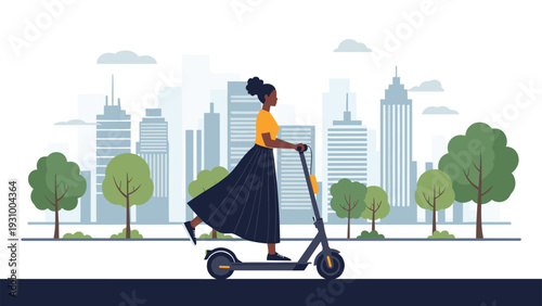 African american woman riding an electric scooter through a modern city with skyscrapers and many green park trees.