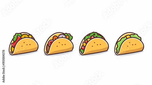 Four stylized taco illustrations with different fillings, on a white background