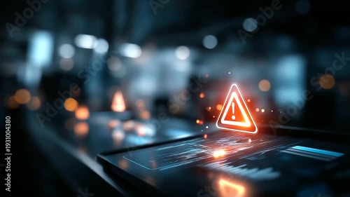 System warning and data risk alert with digital dashboard and caution icon visualization suitable for IT monitoring system cybersecurity threat detection error alert