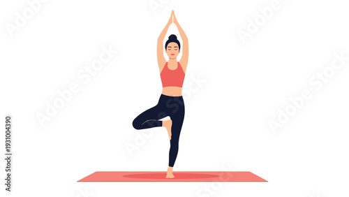 Fit young woman practicing tree pose yoga on a red mat with hands raised high against a clean white background wall.