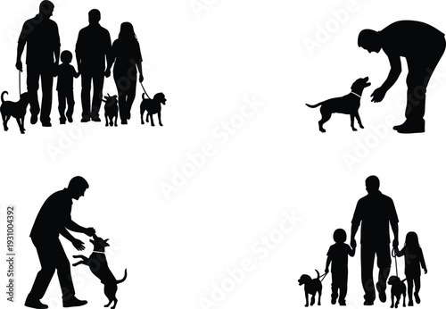 Family and Dog Silhouettes Collection Showing Walking, Playing and Pet Interaction, Isolated Black Figures for Pet Care and Lifestyle Concept