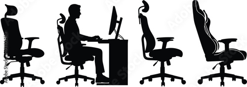 Ergonomic office chair silhouettes with seated worker at computer workstation showing posture, gaming chair designs, and modern workplace seating comparison concept