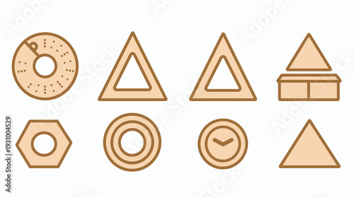 Assortment of geometric icons in tan and brown. Includes circles, triangles, and a hexagon on a white background