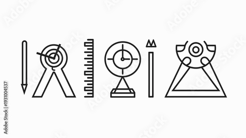 Line art illustration with abstract shapes and geometric elements, featuring target, ruler, and clock concepts