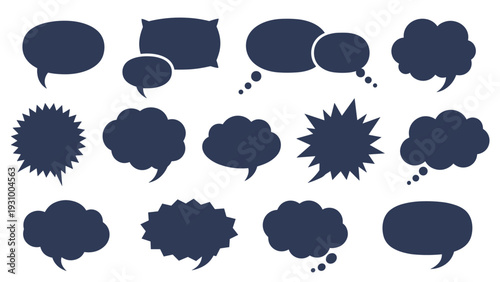 Collection of dark blue speech bubble silhouettes in various shapes including round, clouds, and sharp explosions.