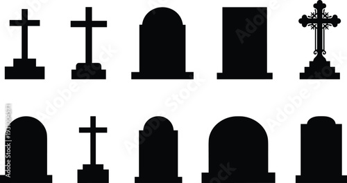 Gravestone and cross tombstone silhouettes set isolated on white background, cemetery headstones collection, memorial symbols, funeral and remembrance vector icons