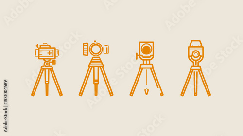 Four line art illustrations of surveying instruments in orange, each on a tripod