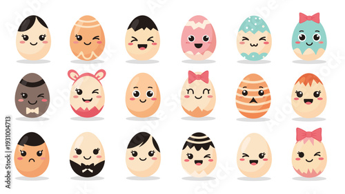 Collection of eighteen decorative easter eggs with cute faces and various outfits like bowties, hair, and bunny ears.