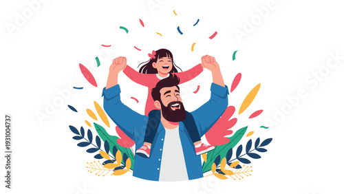 Happy father gives his young daughter a shoulder ride while celebrating with colorful confetti and plant leaves.