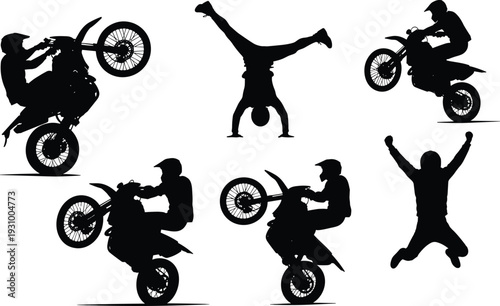 Extreme sports silhouettes with motocross rider performing stunts, wheelies and jumps, plus breakdance handstand figure, action and freestyle activity vector set