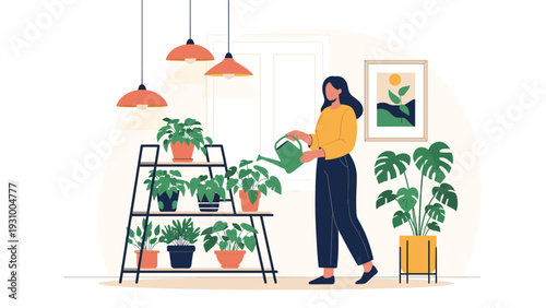 Young woman enjoys watering her collection of indoor houseplants in a cozy modern apartment with warm lighting.