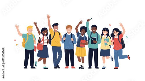 Diverse group of happy school children with backpacks and books waving their hands and standing together on white background.