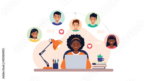 African American woman working on a laptop with social media profile icons and heart notification bubbles floating above her desk.