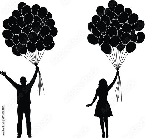 Man and woman silhouettes holding bunch of balloons, celebration, party and festive event concept isolated vector illustration collection