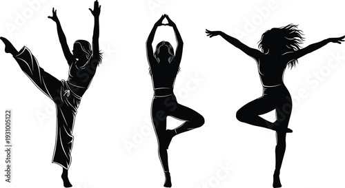 Female dancer and yoga pose silhouettes with raised arms and balance positions, fitness, flexibility and graceful movement vector illustration set