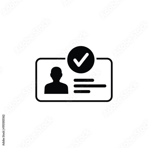 Simple black and white icon representing a verified identity card with a person's silhouette and checkmark