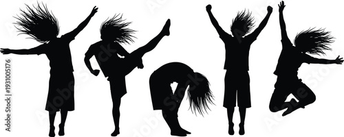 Kids and teens jumping, dancing and playing silhouettes, energetic children movement poses, fun activity and joyful lifestyle vector illustration set