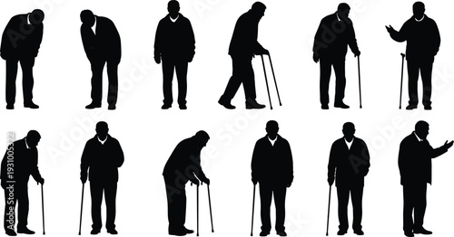 Collection of elderly men silhouettes with walking canes and walkers showing aging posture, mobility aid, senior lifestyle isolated vector set