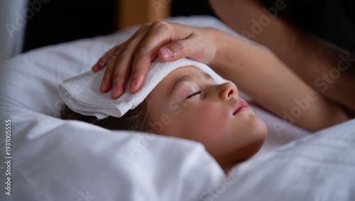Close-up of a sick child with a high fever sleeping in bed while a caring hand holds a wet towel compress to the forehead