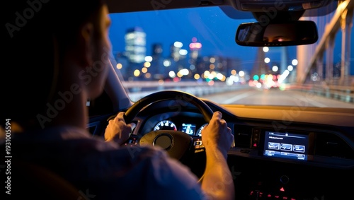Medium shot from the back seat of a man driving a modern car toward a blurred city skyline with bokeh lights at night under soft dashboard illumination