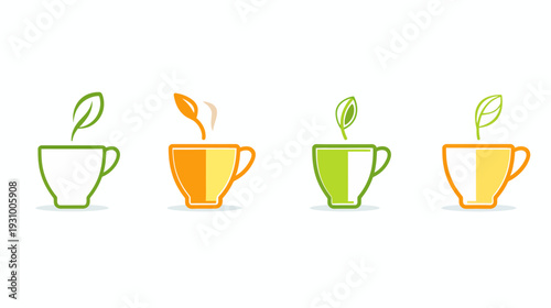Four stylized tea cups with leaves. Each cup is a different color and contains a different design