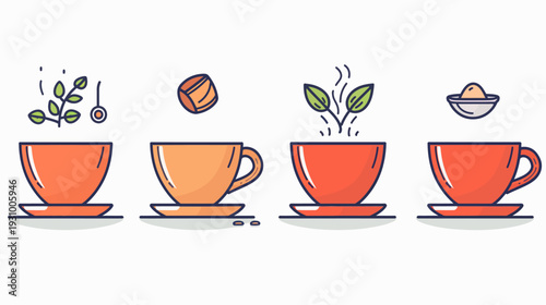 A stylized illustration depicting the tea-making process. Cups with ingredients are shown in order