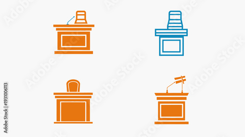 Four stylized illustrations of podiums, in orange and blue. Some include microphones