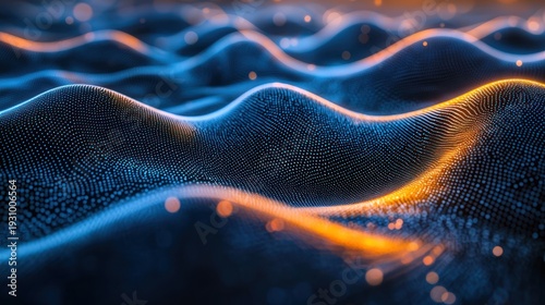 Abstract glowing waves, digital landscape, particle background, technology concept, website header