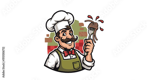 Cartoon Chef Holding Fork with Meat.