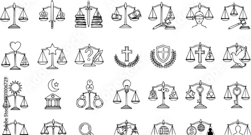 Hand-Drawn Scales of Justice Vector Icons Set: Law, Balance, Ethics, Religion, and Societal Concepts Collection