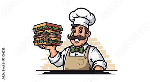 Cartoon Chef Holding Large Burger Illustration.