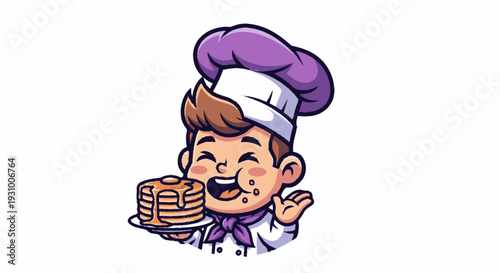 Cartoon Chef Holding Pancakes and Waving.