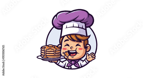Cartoon Chef Holding Pancakes and Smiling.