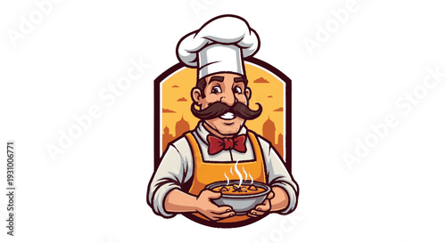 Cartoon Chef Holding Pizza with Mustache.