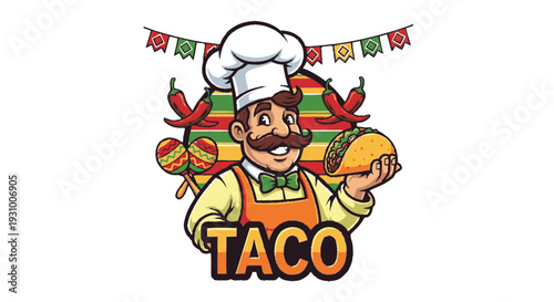 Cartoon Chef Holding Taco and Ingredients.