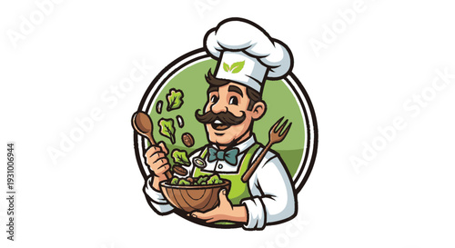 Cartoon Chef Preparing Fresh Green Salad.