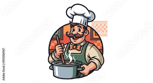 Cartoon Chef Stirring Pot with Spoon.
