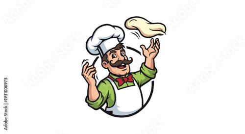 Cartoon Chef Tossing Pizza Dough in Air.
